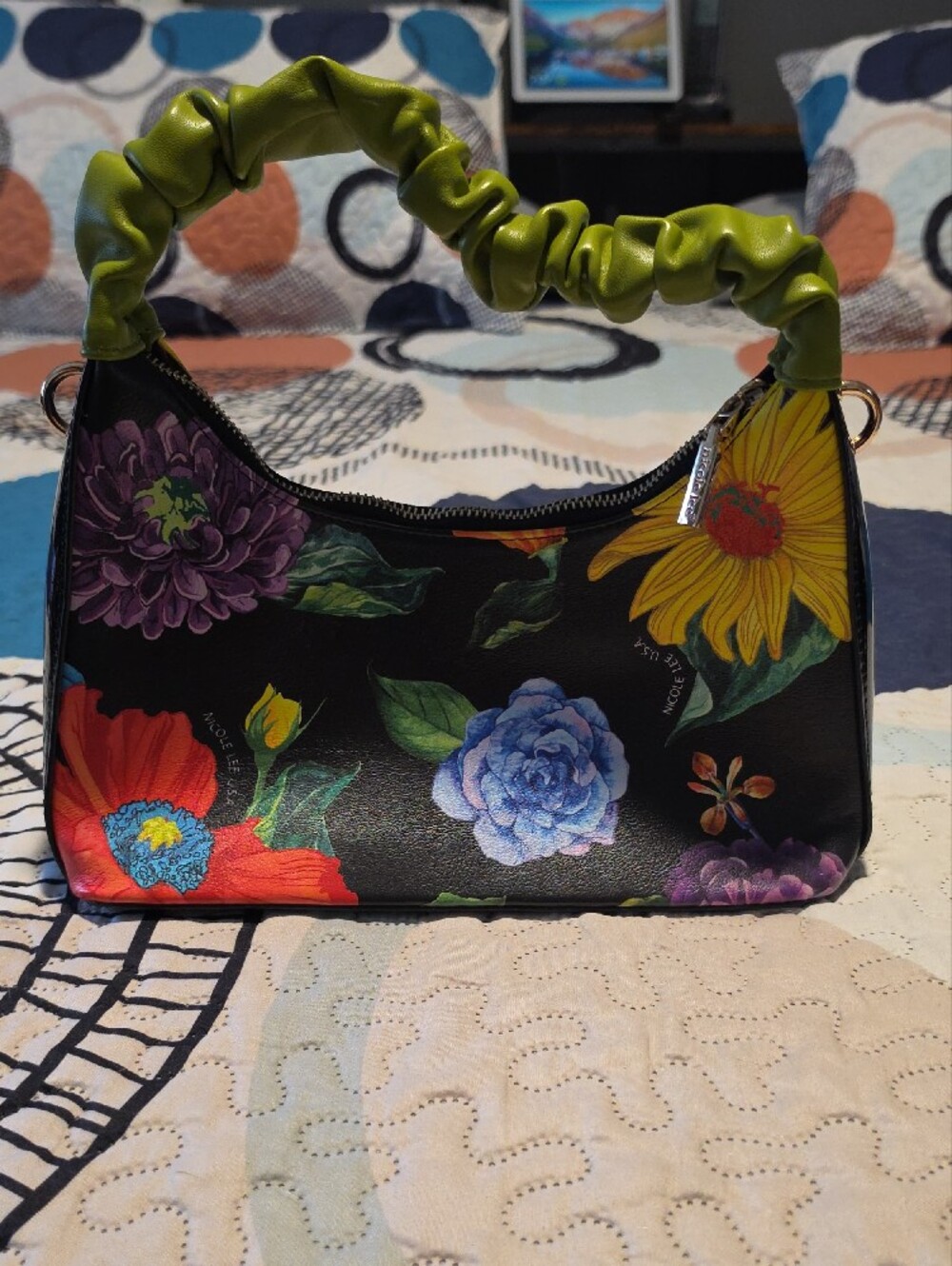 Nicole Lee Black Floral Shoulder Bag with Lime Scrunch Handle - Picture 2 of 2